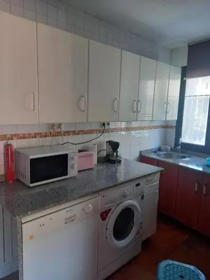 a kitchen with a washing machine and a microwave at Casa CACHAMARIA próxima a la ribeira sacra in Ourense