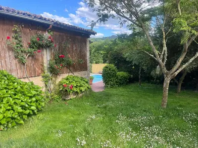 a garden with a swimming pool and a house at Casa CACHAMARIA próxima a la ribeira sacra in Ourense