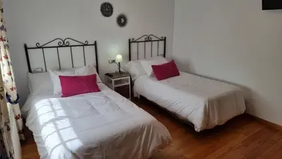 a bedroom with two beds with red pillows at Mirador del castillo in Monforte de Lemos