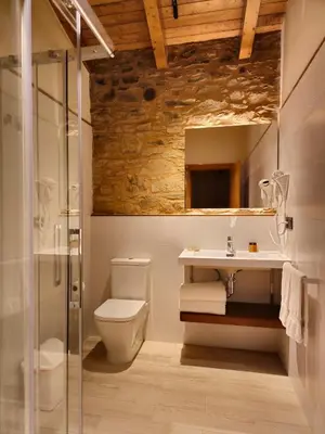 a bathroom with a toilet and a sink and a shower at Casa Rural Camino Real Completa in Melide