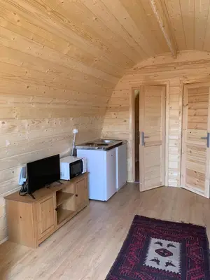 a room with a refrigerator and a microwave in a wooden room at Bungalow 3 personas - Camping Playa de Tapia in Tapia de Casariego